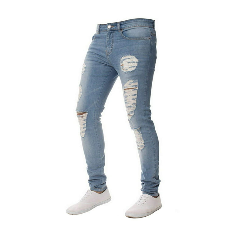 Diconna Mens Skinny Jeans Stretch Slim Fit Distressed Ripped Tapered Leg  Denim Pants Blue XL
