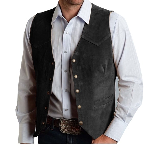 BSDJILFG Suede Suit Jacket for Men Sleeveless Waistcoat Classic Fit Cowboy Metal Button Down Dress Vest for Hiking