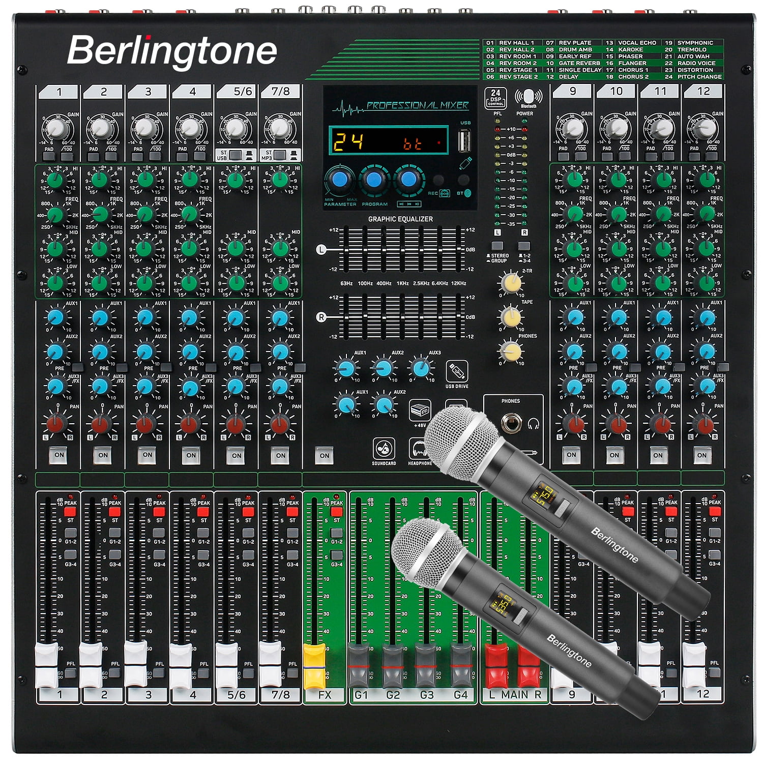 Berlingtone BR-212MX,12-Channel Professional Bluetooth Audio Mixer, PC Recording, 24 DSP Effects,48V Phantom Power,10 Microphone Jack, 2 Stereo Input Soundboard,14 band EQ, RCA Input/Output, Unpowered
