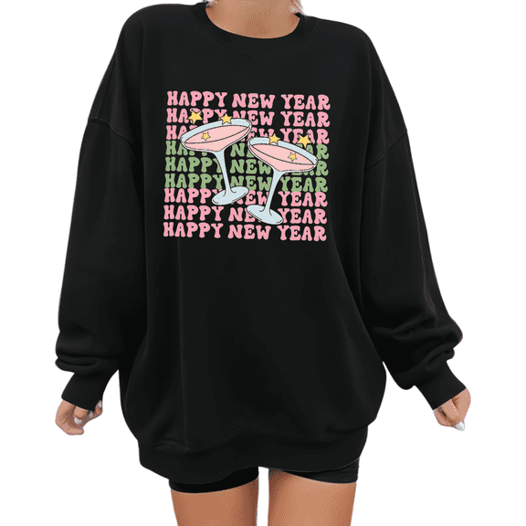 Happy New Year Print Sweatshirt Graphic Sweatshirt Black S-3XL Holiday Party Tops