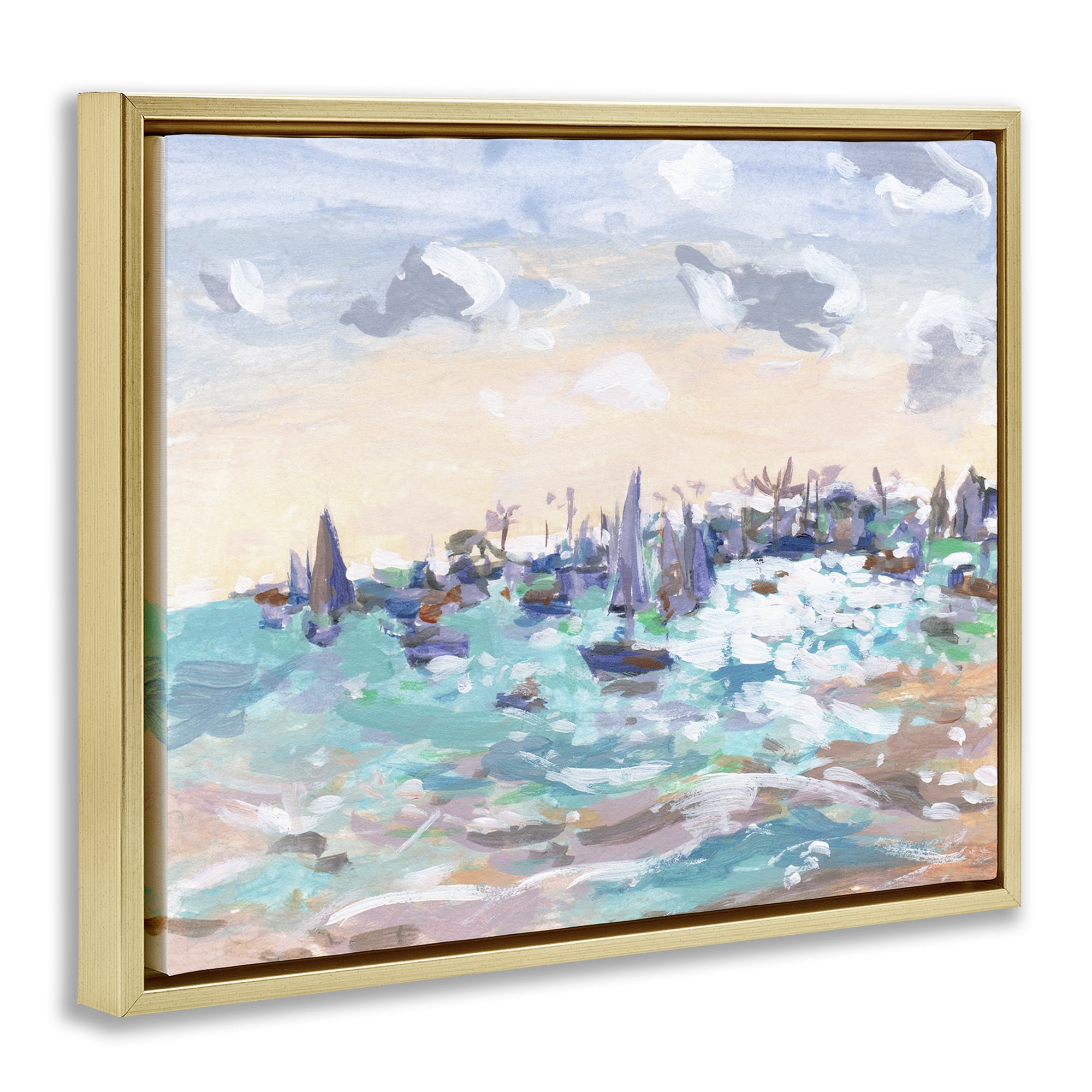 Stupell Industries Sailboats in Rushing Waves Nautical & Beach Painting Gold Floater Framed Canvas Art Print Wall Art, 21 x 17