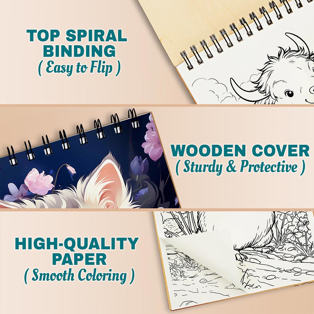 Netecom Cute Animals Coloring Book Spiral Bound for All Ages, A5 Wooden Cover, 30 Adorable Wildlife Coloring Pages in the Forest for Stress Relief and Relaxation