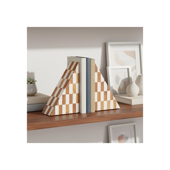 Decorative Travertine Triangle Bookends - Stylish Book Accessories for Home Library and Table Accents - Modern Elegant Book Ends for Bookshelf, Office, or Desk Decoration - Set of 2, 7", Ivory & Tan