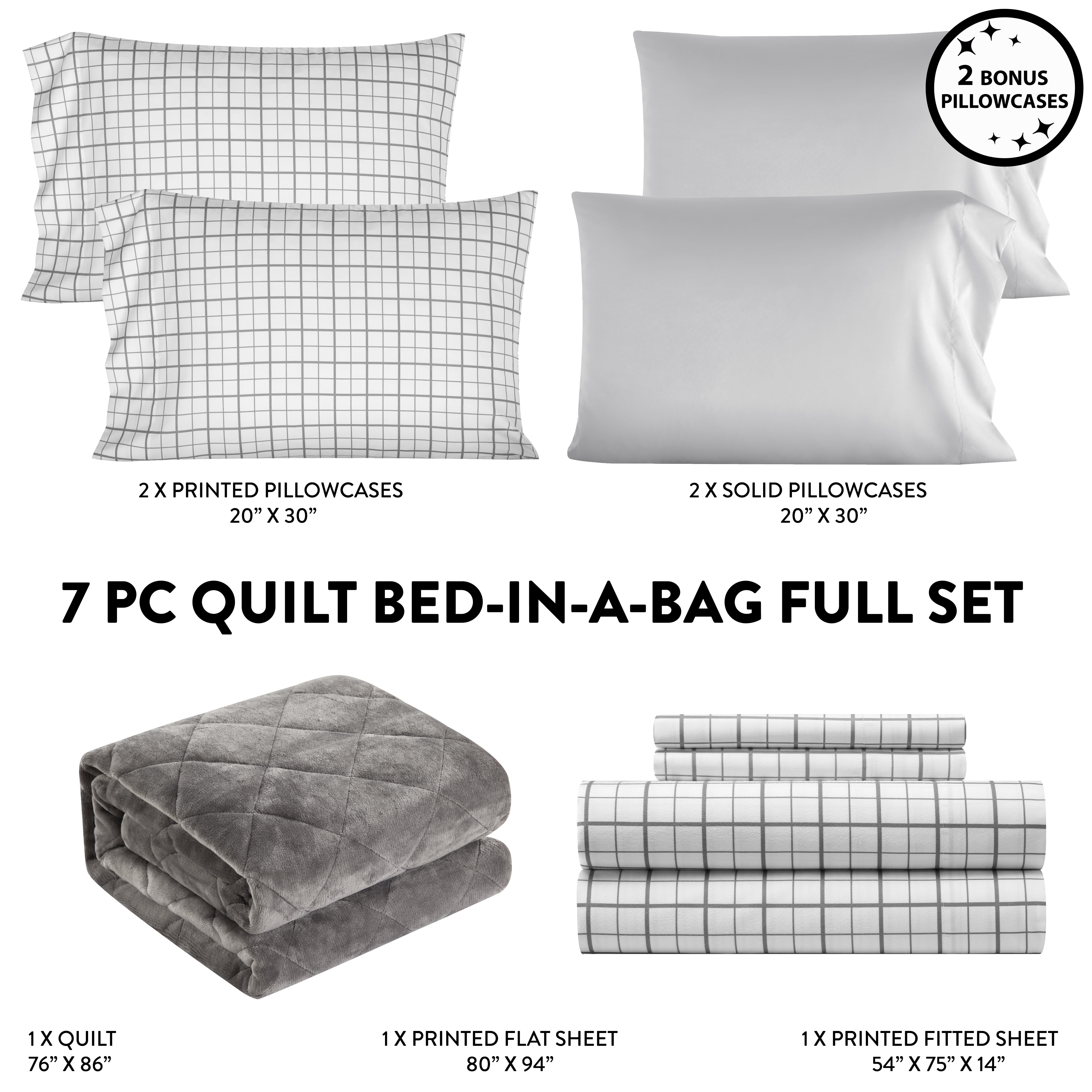 Dearfoams Grey Velvet Plush 7 Piece Quilt Bedding Set with Polyester Sheets, Full