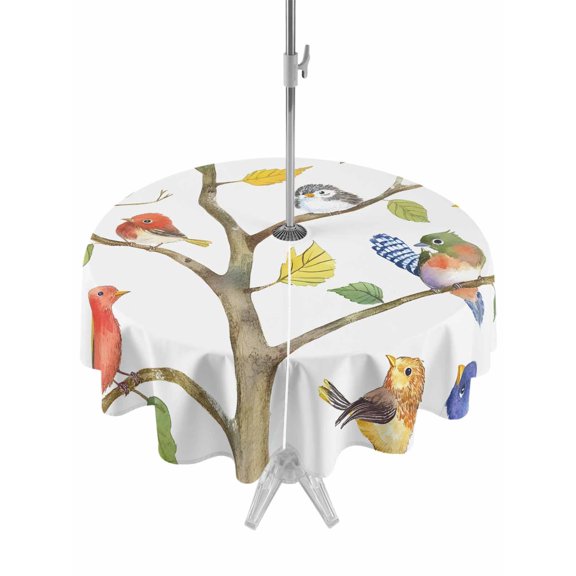 Outdoor Table Cloth with Umbrella Hole and Zipper, Watercolor Bird Waterproof Round Tablecloth 60 Inch, Modern Spring Branch Colorful Leaf Washable Table Cover for Outside Party Patio Picnic