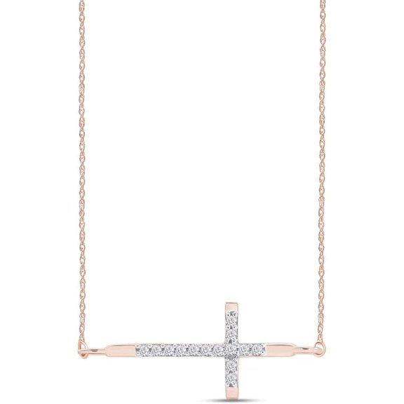 JewelsYard Real 925 Sterling Silver 14K Rose Gold Finish Round Cut White Diamond Sideways Cross Pendant Necklace Christmas Jewelry for Women