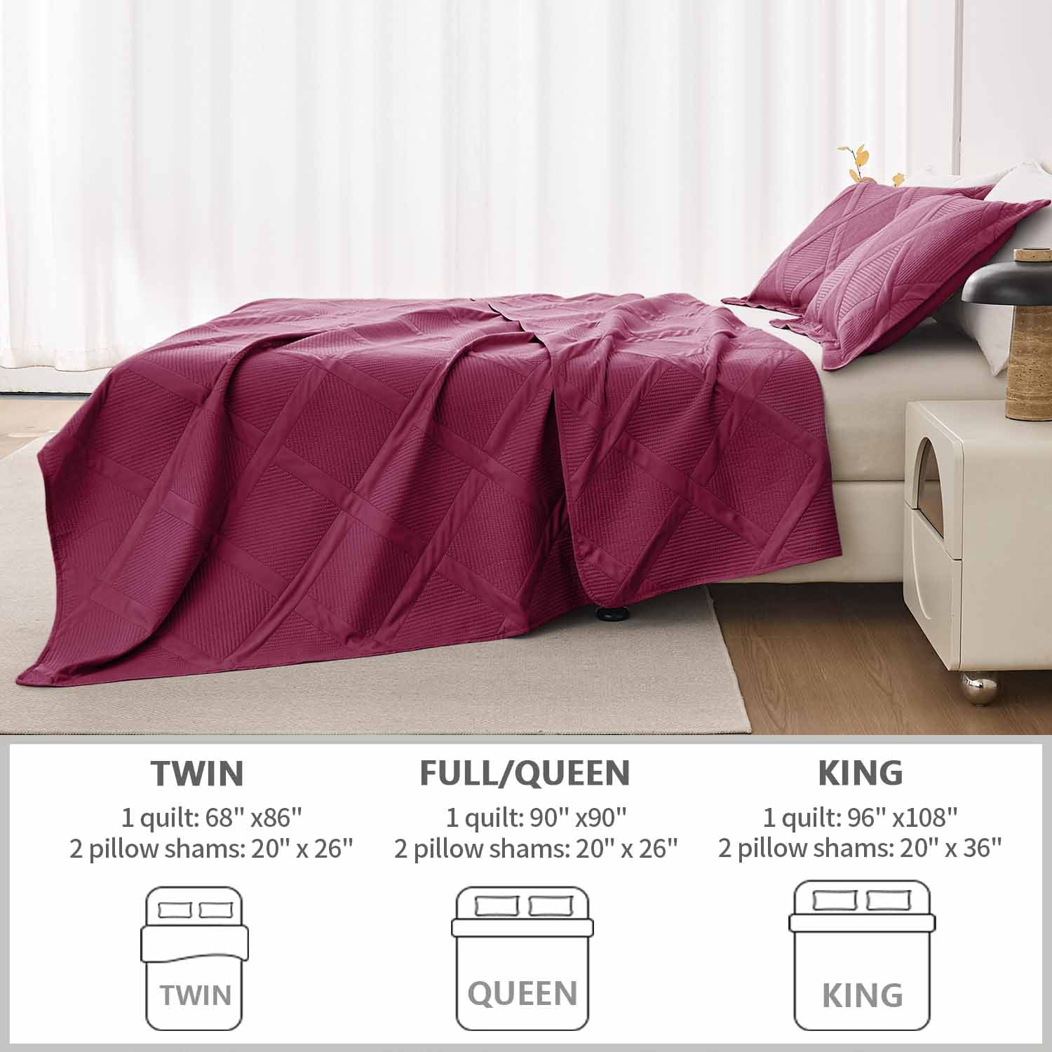 Beartech Solid Color Quilt Set Queen/Full Size Burgundy Bedspread Coverlet Microfiber Bedding Lightweight Reversible Set,Soft Bedding for All Seasons