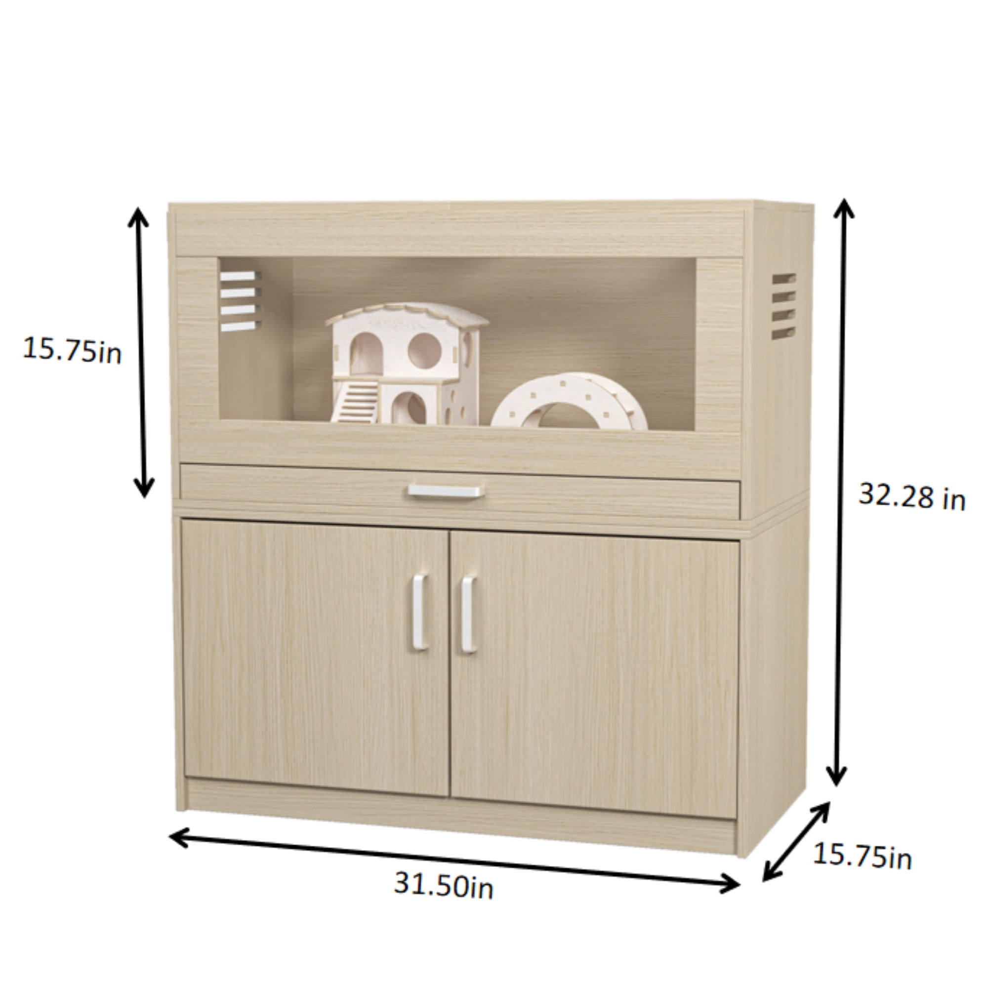 Pefilos 33" Indoor Hamster Cages, Wooden Rat House with Independent Storage Cabinet, Small Animal Pet Cage Guinea Pig Hutch, Dark Beige