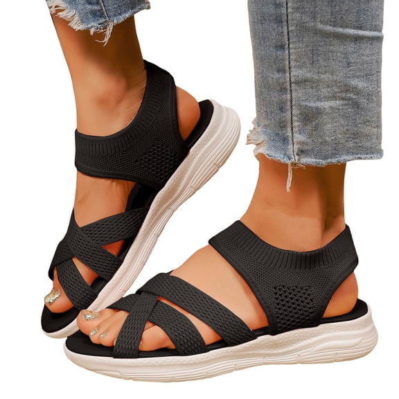Women's Breathable Knit Walking Sandals Elastic Strap Solid Color Slip On Wide Toe Box Slingback Sandal Black Size 8.5