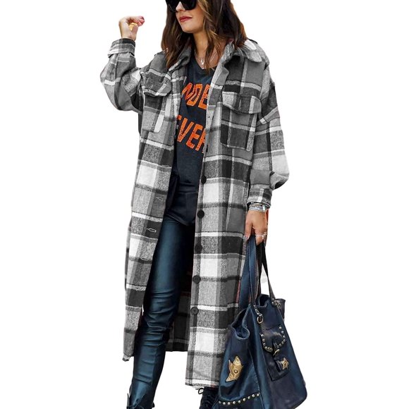 PUWEI Women's Casual Lapel Button Down Long Plaid Shirt Coat Tartan Shacket Jacket(1370-Grey-S)