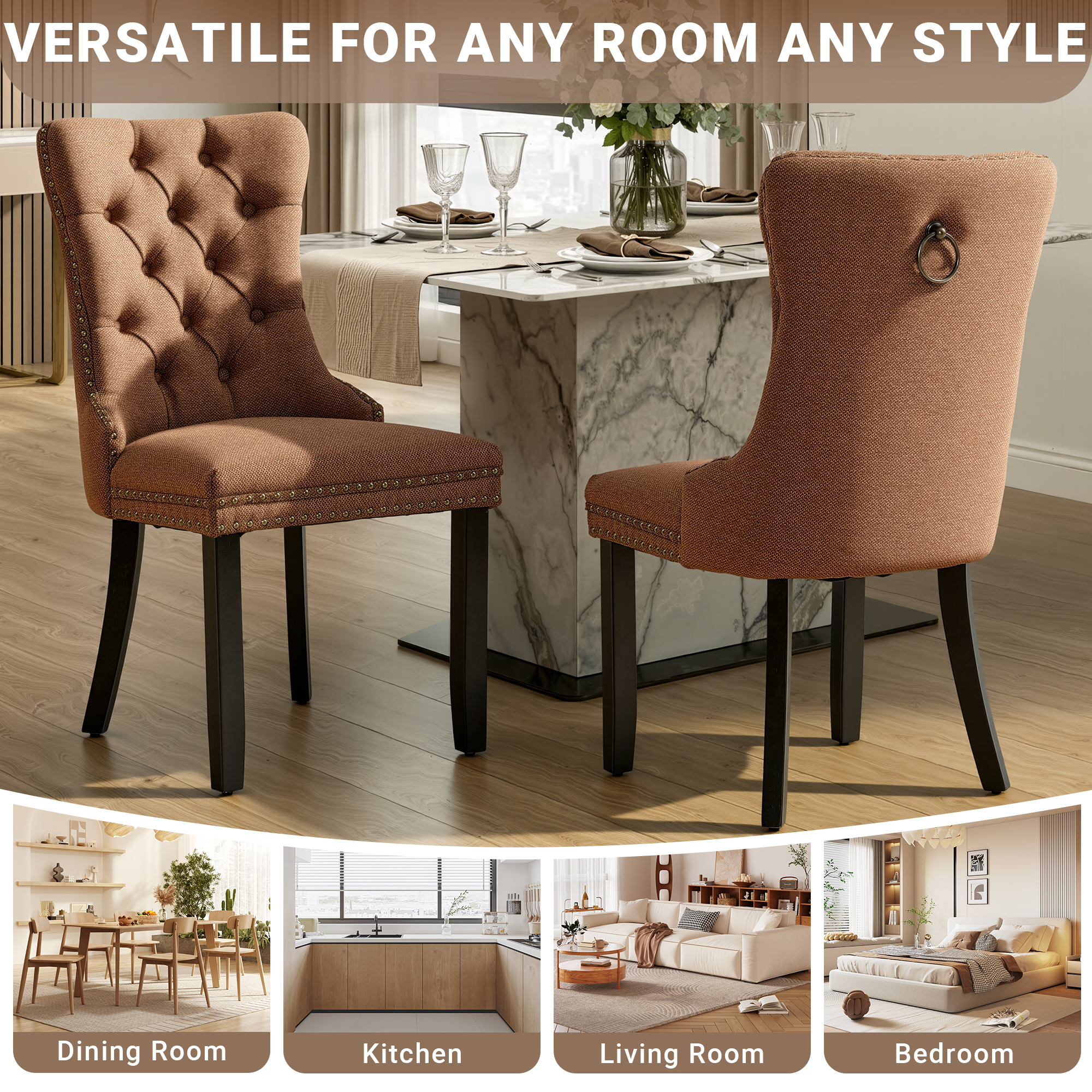 Upholstered Dining Chairs Set of 2, Segmart Modern Fabric Dining Room Chair with Nailhead Trim and Wood Legs, Mid-Century Accent for Living Room, Kitchen, Coffee