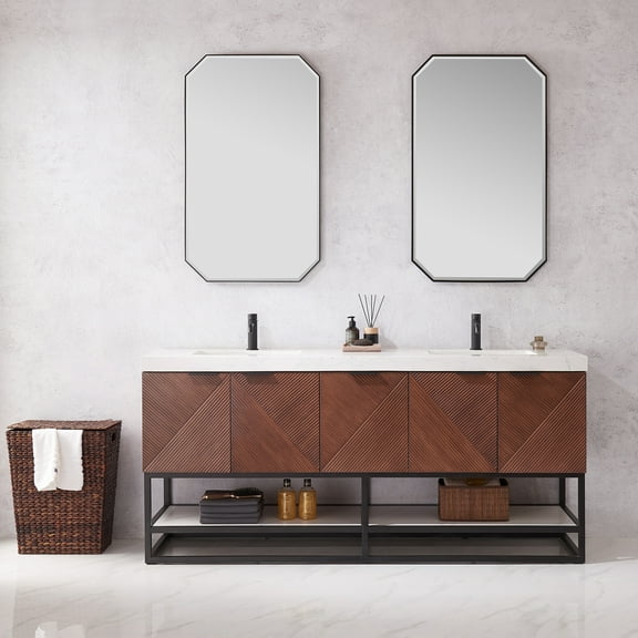 Mahon 72B" Bath Vanity in North American Deep Walnut with White Grain Stone Top