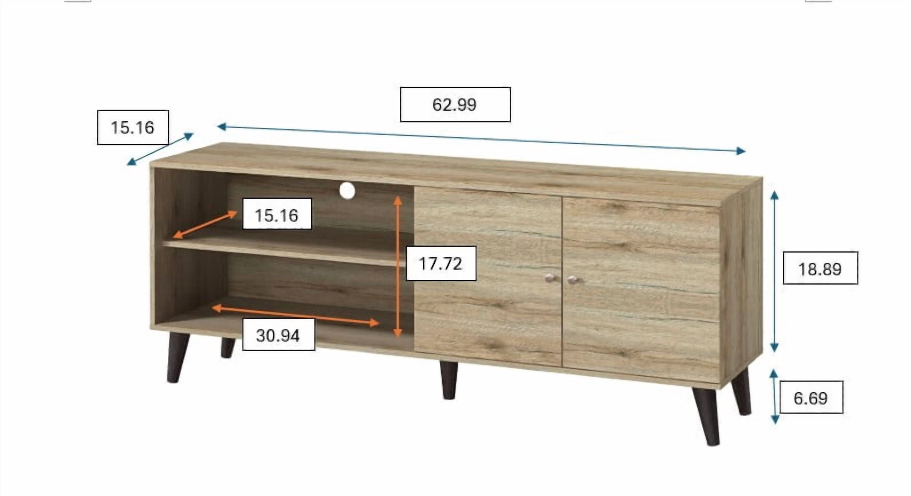 Mintazer 63" Mid-Century Modern TV Stand with Open Storage, Media Entertainment Centre with Cable Hole & 2 Door Cabinet, Natural