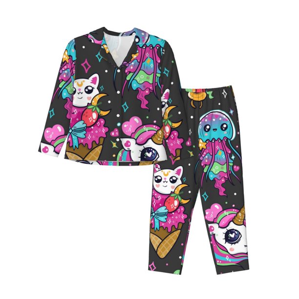 Fotbe Cat Icecream Conjunto de Pijama de Manga Larga para Mujer con Estampado, Ropa de Dormir de 2 Piezas, Conjunto de Casa Suave y Cómodo con Bolsillos-Large