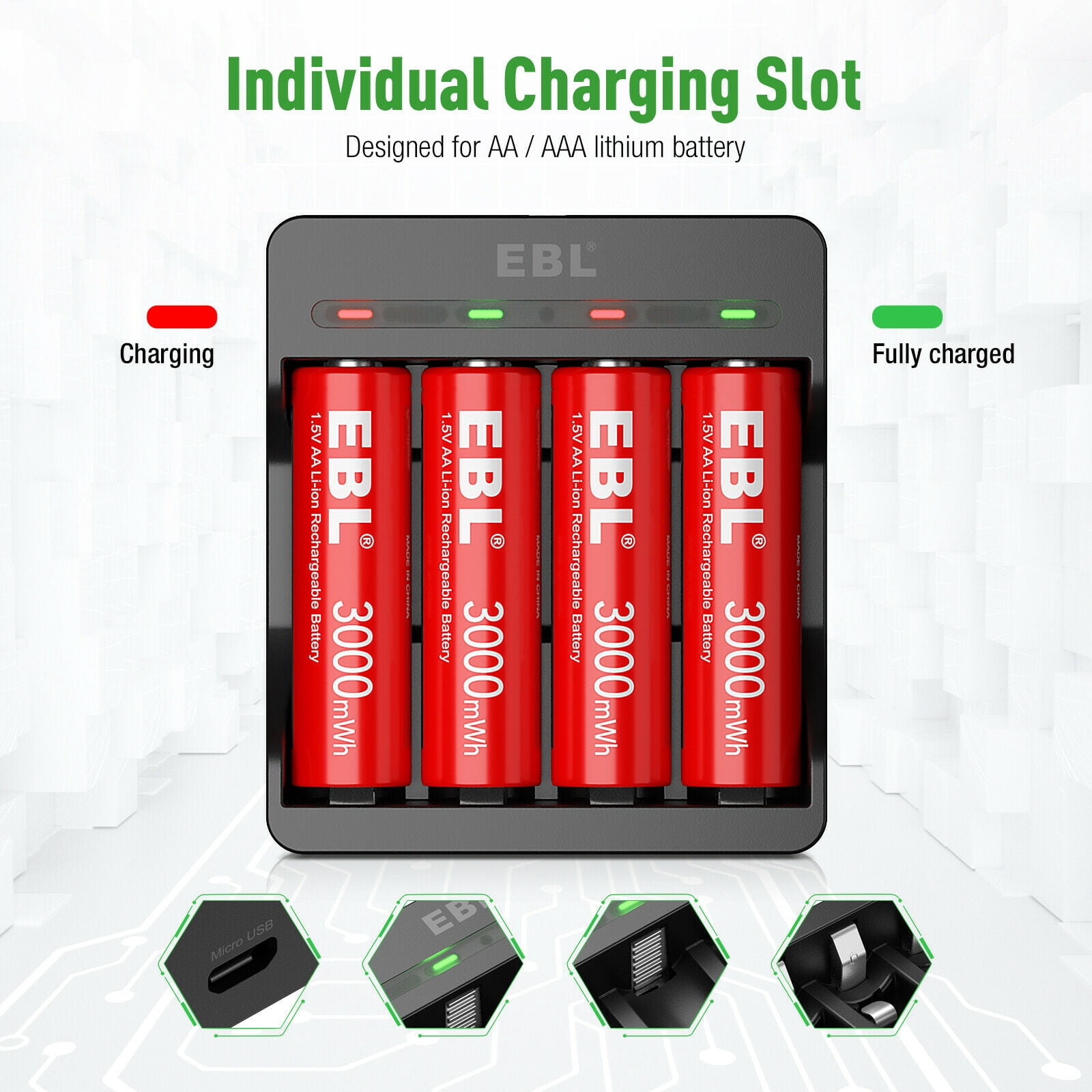 EBL 4-Pack AA 1.5V Rechargeable Lithium Batteries with 4-Slot USB Smart Battery Charger for AA AAA Rechargeable Li-Ion Battery