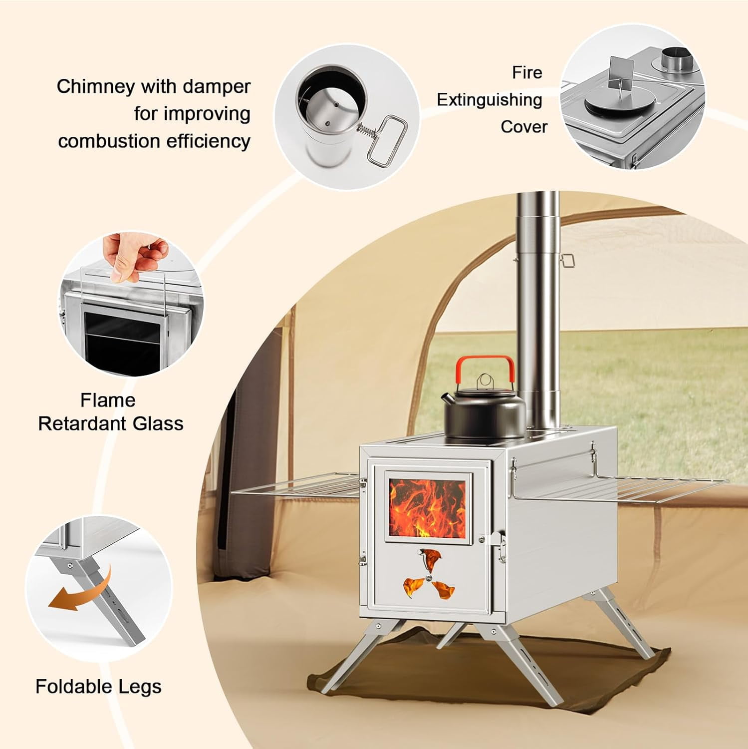 FICISOG Outdoor Wood Burning Stove Portable Camping Wood Stove Stainless Steel Camping Tent Stove with Chimney Pipes, Firebox Hot Camping Cooking Stove for Hiking Backpacking
