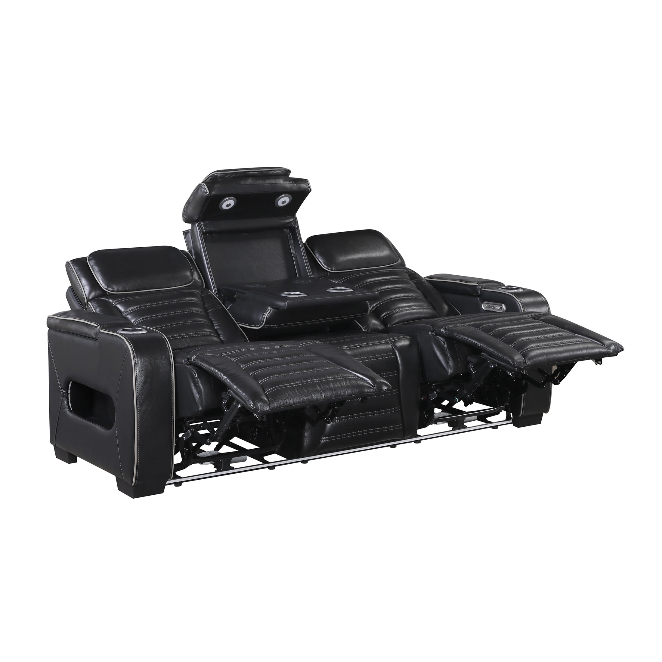 OakvillePark Elantra Leather Match Power Double Reclining Sofa with Center Drop-Down Cup Holder/Power Headrests/Storage Arms/Reading Lights/Wireless Charger/Air Massage/Heat/LED Lighting, Black