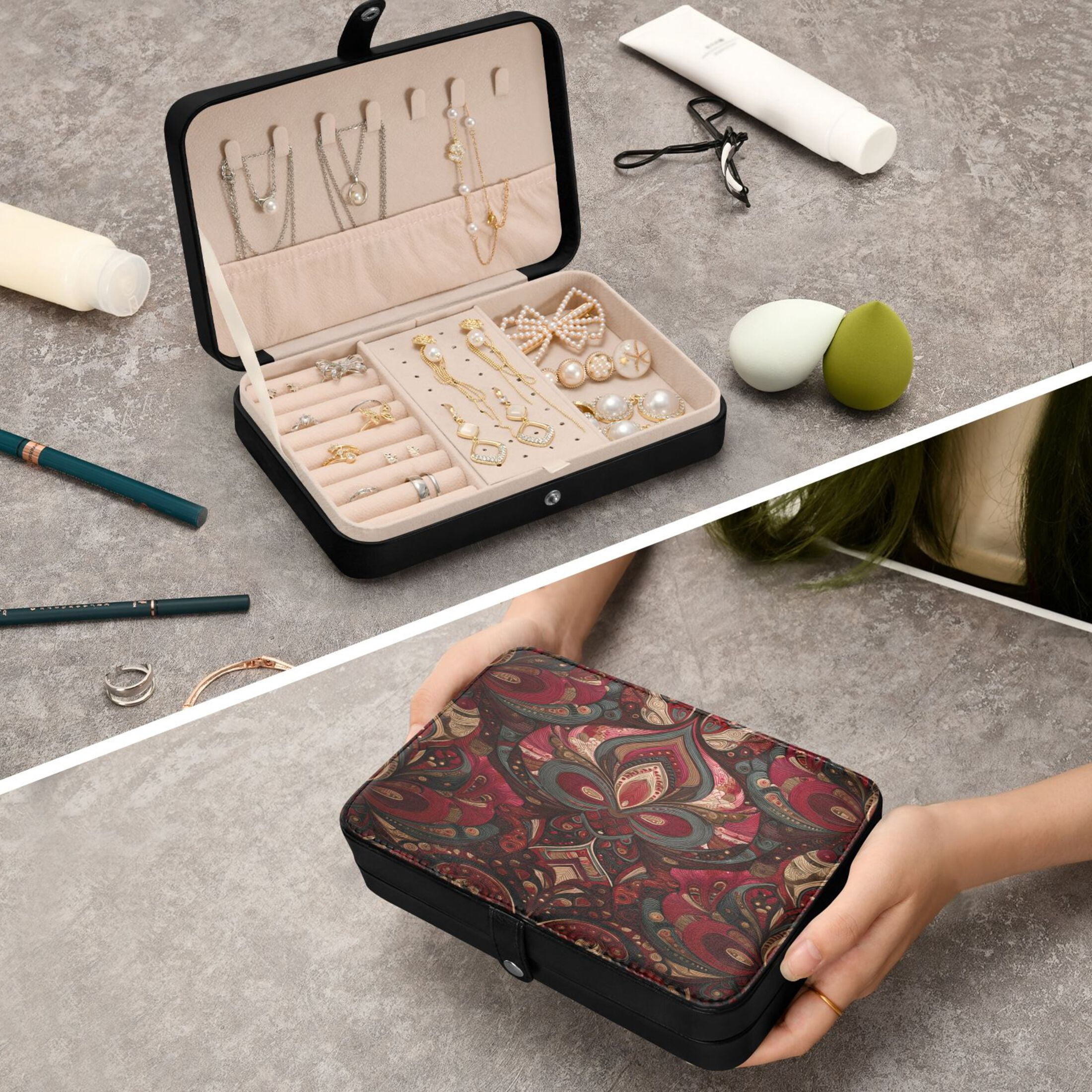 Leather Jewelry Box Rectangular 8.27x5.5x1.78In Travel Jewelry Storage Earrings Necklace Bracelet Watch Brooch Storage Red Pattern Seamless