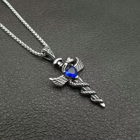 GKNET Mens Stainless Steel Angel Wings Faux Sapphire CZ Cross Pendant Necklace