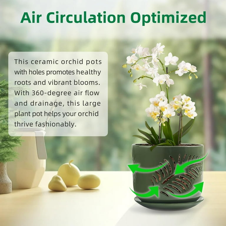 BUYMAX, Ceramic Orchid Pot, 5+6 inch, Green with Holes and Tray -  Walmart.com