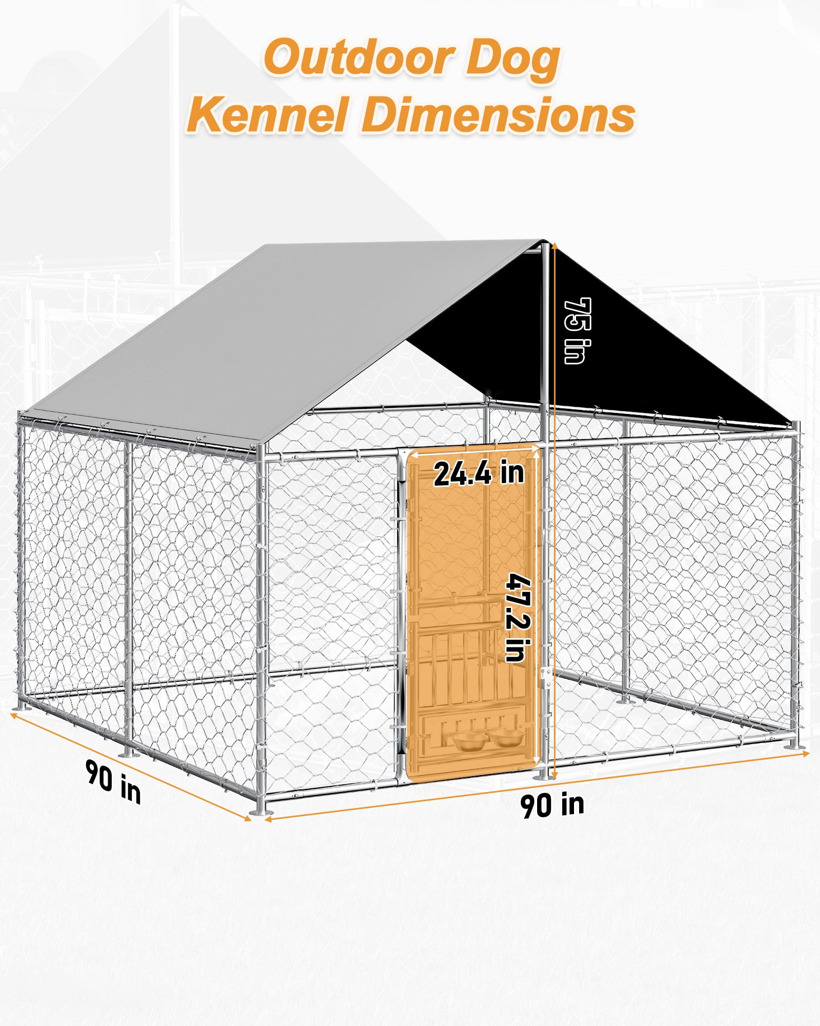 All-Weather 7.5'x7.5' Outdoor Dog Kennel, Heavy Duty Anti-Rust Metal Frame with Waterproof UV Cover, Secure Lock & Rotating Feeder, Durable Outside Dog Cage for Backyard Farm