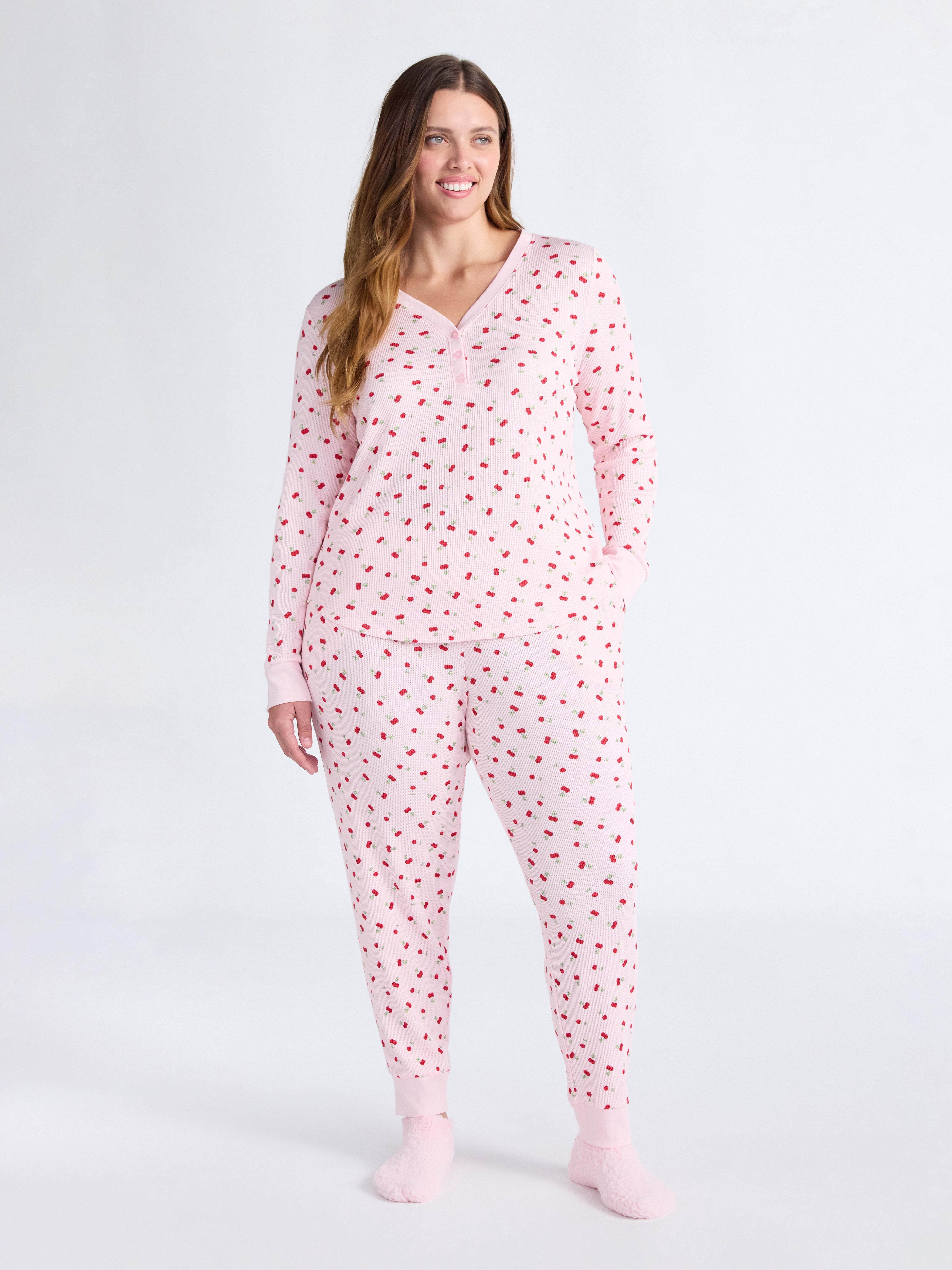 Joyspun Women's Waffle Knit Henley Sleep Top, Joggers and Socks Pajama Set, 3-Piece, Sizes XS-3X