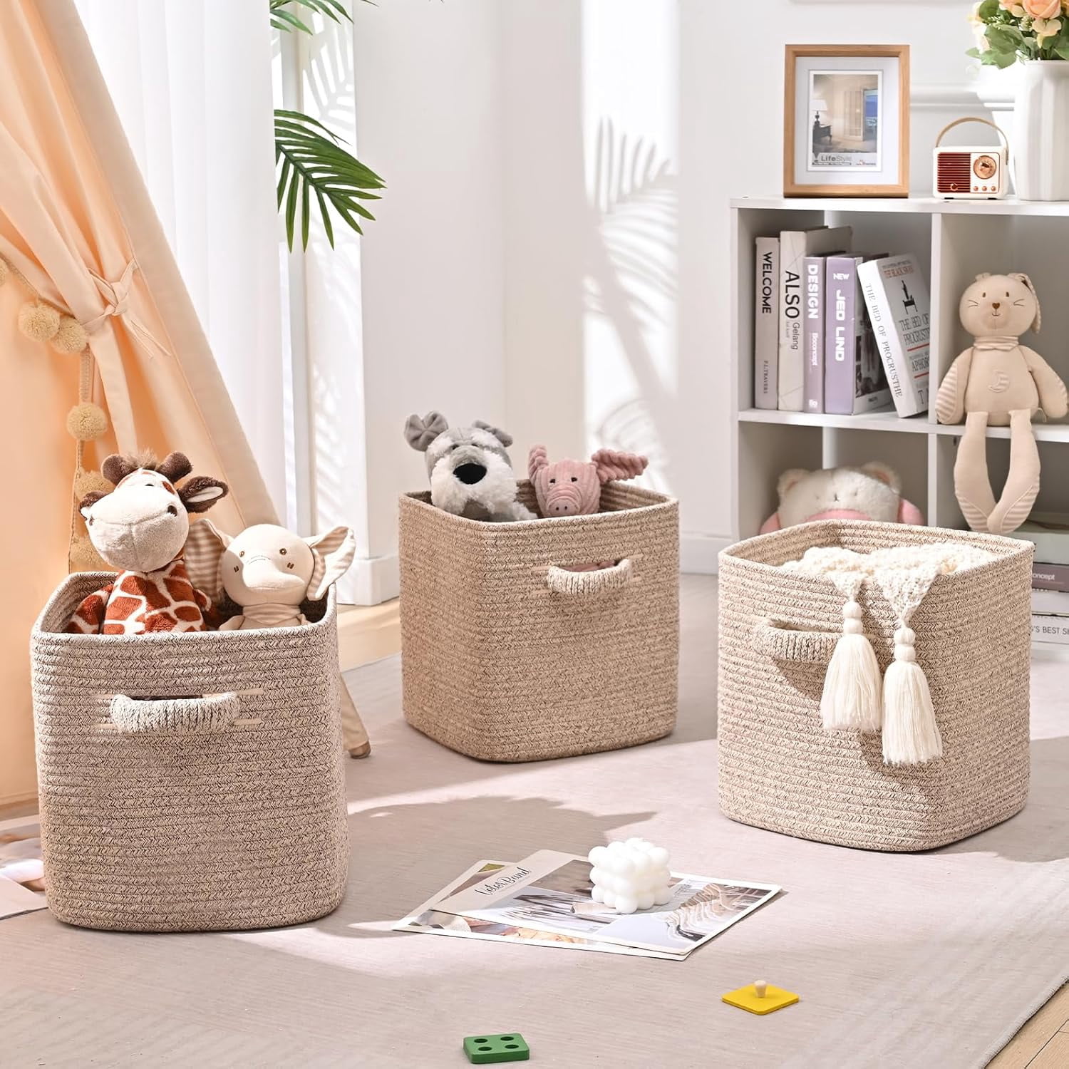 Natubeau 3 Pack Woven Storage Basket for Shelves, Cube Storage Bins, Cotton Rope Woven Baskets for Organizing, 11 Inch, Jute