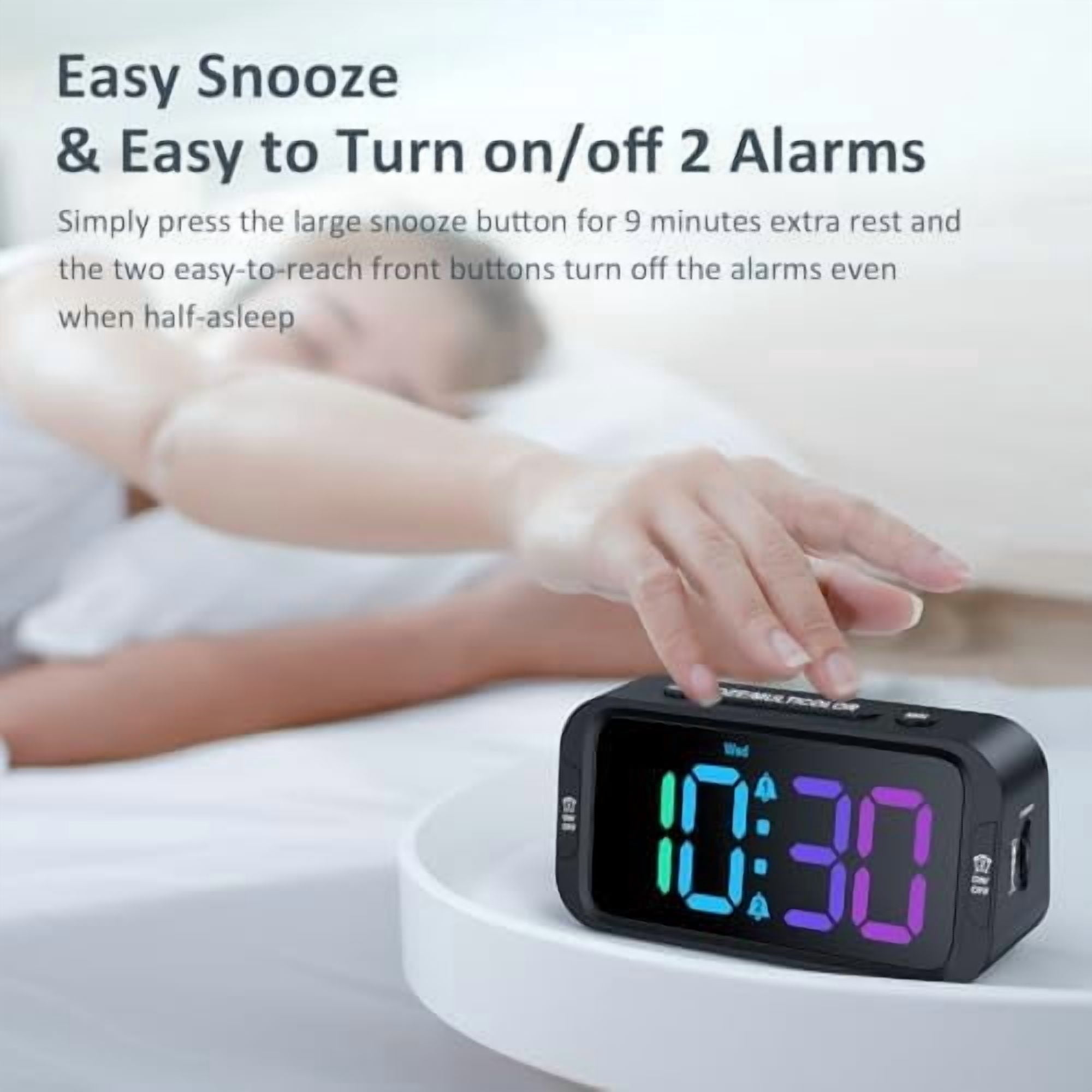 Digital Dual Alarm Clock for Bedroom: RGB Electric Clock with USB Charger for Kids Teens - Dimmable Clock with Weekday Weekend Mode for Bedside Desk