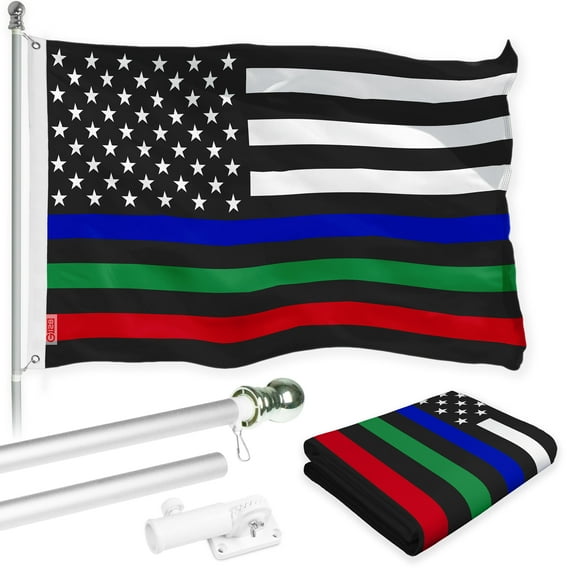G128 Combo Pack: Flag Pole 6 FT Silver Tangle Free & Thin Blue Green Red Line Flag 3x5 FT Brass Grommets Printed Polyester (Flag Included) Aluminum Flag Pole