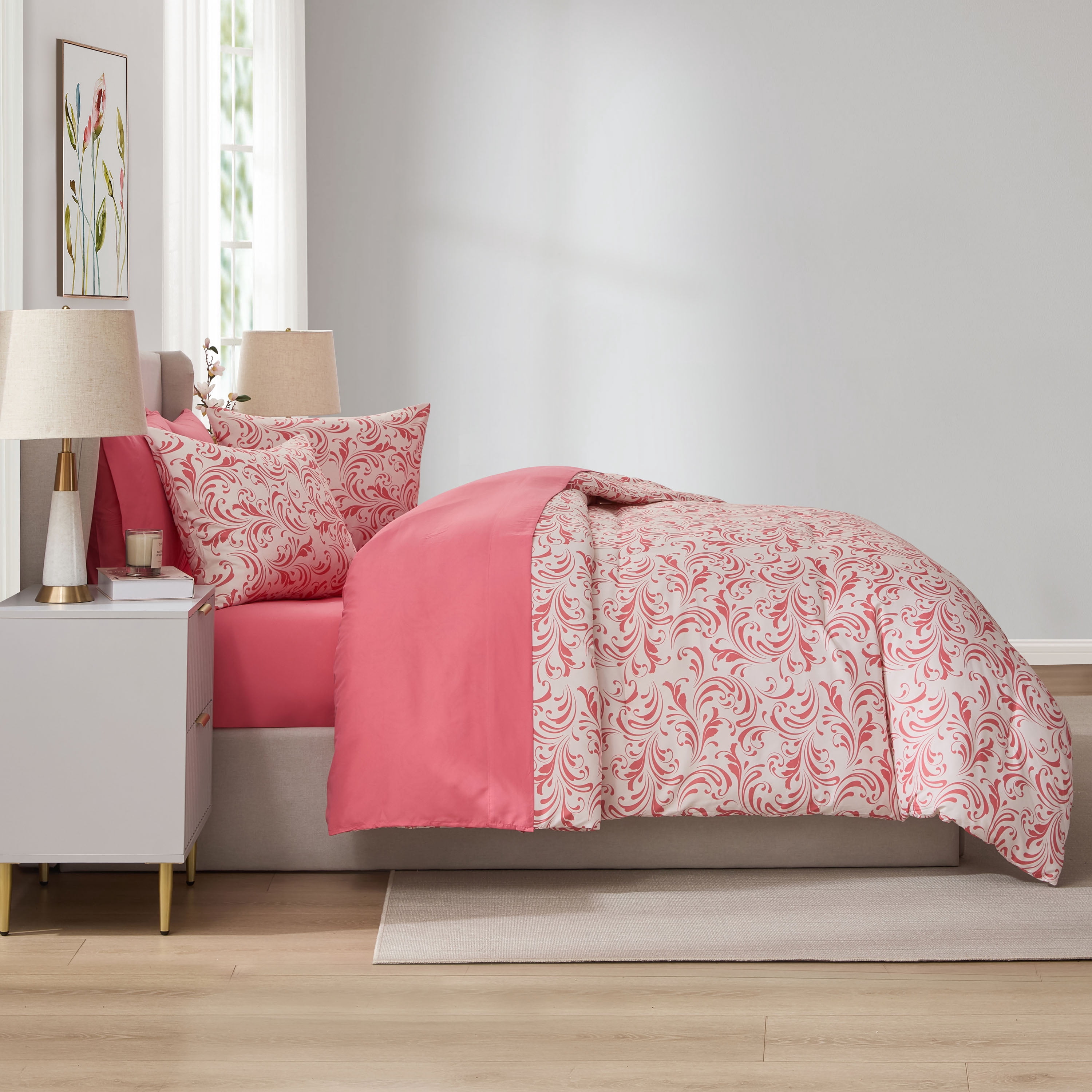LammaLoe Full Size Comforter Set, 7 Piece Biomorphic Bed in a Bag Full, Bedding Comforter Set with Sheets, Modern Bed Set, Pink