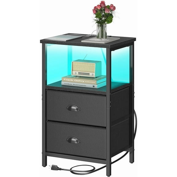 Nightstand with Charging Station, Night Stand with 2 Fabric Drawers PU Finish, Bedside Table End Table with LED Light, 3-Tier Storage Side Table Nightstand with Drawers for Bedroom,Black