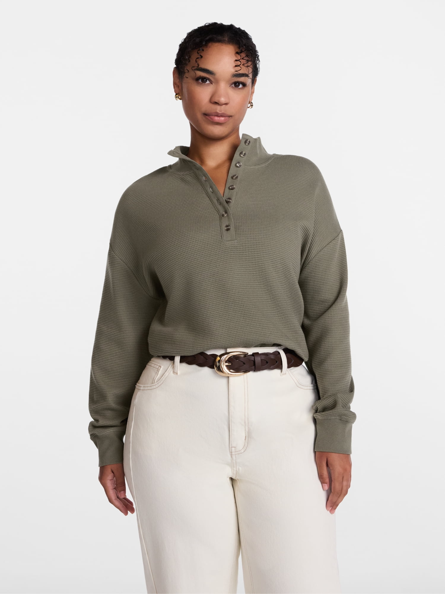 Scenario Women's and Women's Plus Waffle Knit Button Top with Long Sleeves, Sizes XS-4X