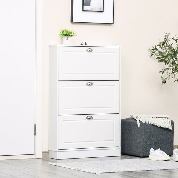 HOMCOM 3 Flip Drawers Shoe Cabinet, Holds 12 Pairs, Narrow Shoe Storage Cabinet for Entryway, Hallway, White