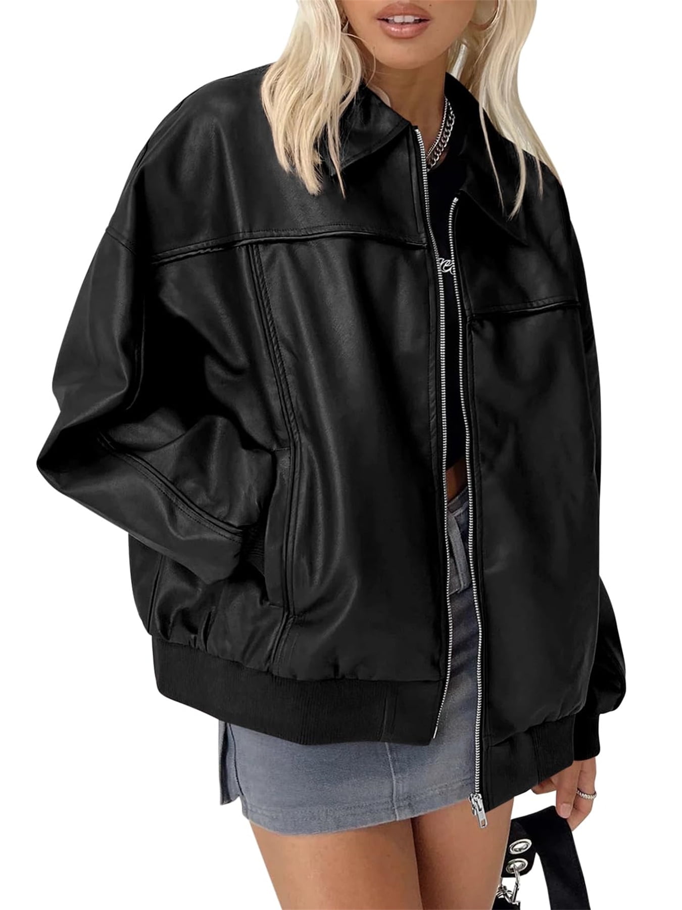 Women Faux Leather Jackets Bomber Casual Zip Moto Biker Coat