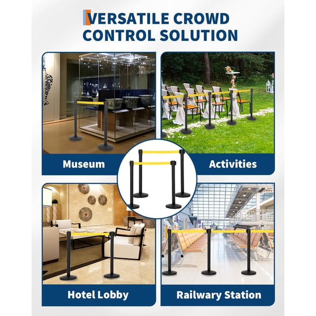 EDTara Retractable Belt Stanchion Set, 4 Pack Crowd Control Barriers With Heavy-Duty Metal Bases, 6.6ft Yellow Ropes, Carbon Steel Queue Posts for Dividing Lines In Hotels, Theaters, and Concerts