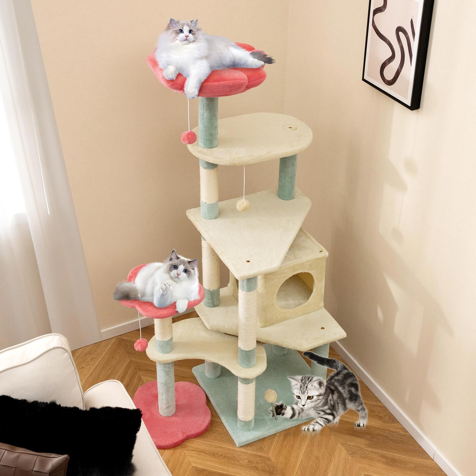 Barara King 61 Inch Tall Multi-Level Aesthetic Floral Cat Tower, Cat Tree with Flower-Shaped Plush Padded Perch, Modern Cat Tower Tree for Indoor Cats, Multicolor