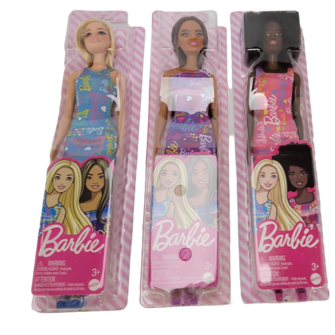 Barbie Fabulous Dolls with Signature on Dress in Blue, Purple, and Pink (Bundle of 3)