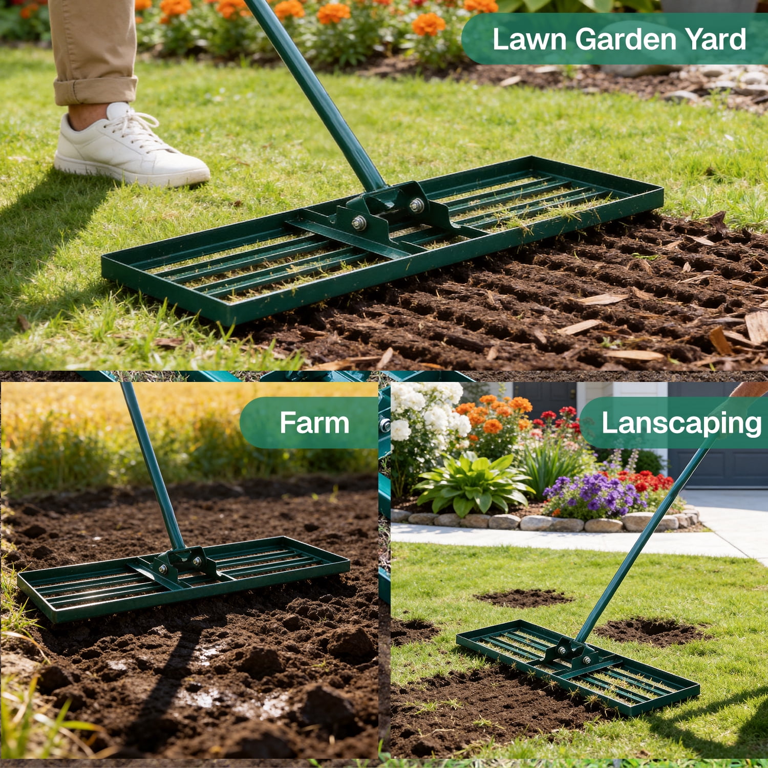 BN-LINK Lawn Leveling Rake, 30"x10" Leveler Plate, Yard Leveling Rake with Ergonomic Adjustable Handle,Soil Level Tool for Garden,Ground,Backyard,Farm,Green