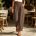 thumbnail image 2 of HomeDM Women's Pants Wide Leg Casual Loose Cotton Linen Elastic Waist Trousers Brown Lounge Pants for Athletic Work Size 2XL, 2 of 6