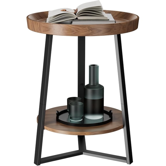 Round End Table with Storage Shelf, 2 Tier Farmhouse Side Table Nightstand for Living Room, Bedroom, Wood Tabletop & Black Metal Frame, Brown 15.7 * 15.7 * 23.0inches