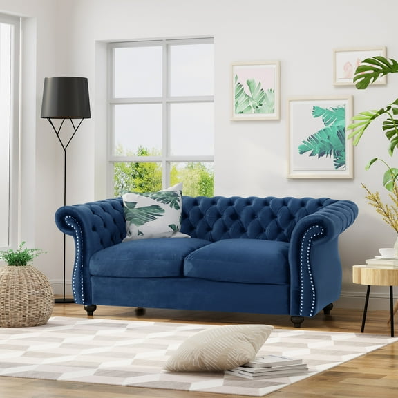 Tufted Chesterfield Sofa Loveseat - 2-Person Couch with Rolled Arms, Nailhead Trim & Premium Upholstery, Classic Design for Living Room (Blue)