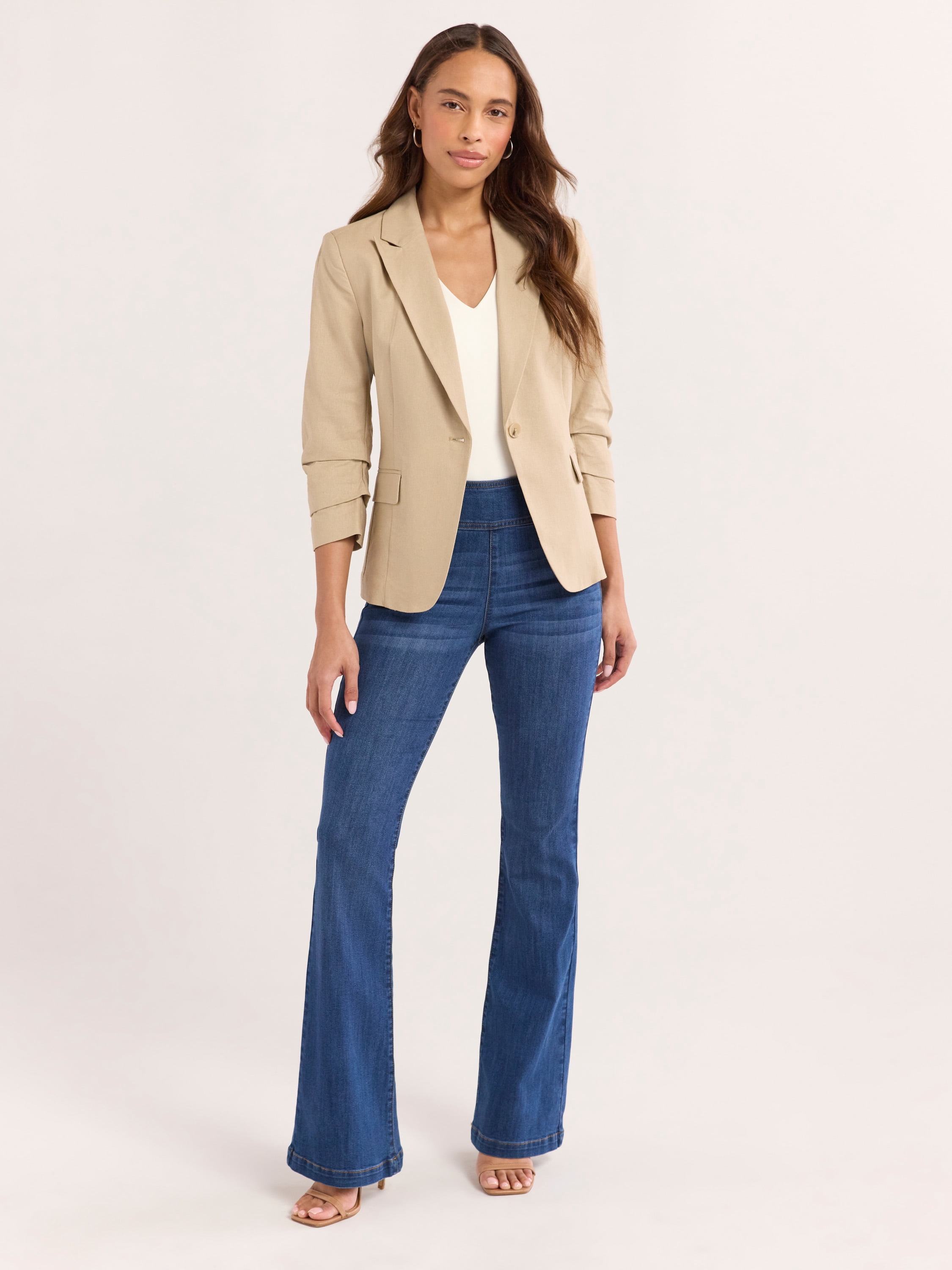 Sofia Jeans Women's Linen Blend Blazer with Scrunch Sleeves, Sizes XS-4X