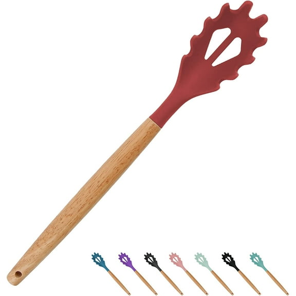 Silicone Spaghetti Spoon, Pasta Fork, 12.6 Inch Noodle Spoon, Pasta Spoon with Wooden Handle, Spaghetti Server for Cooking, BPA Free, Red
