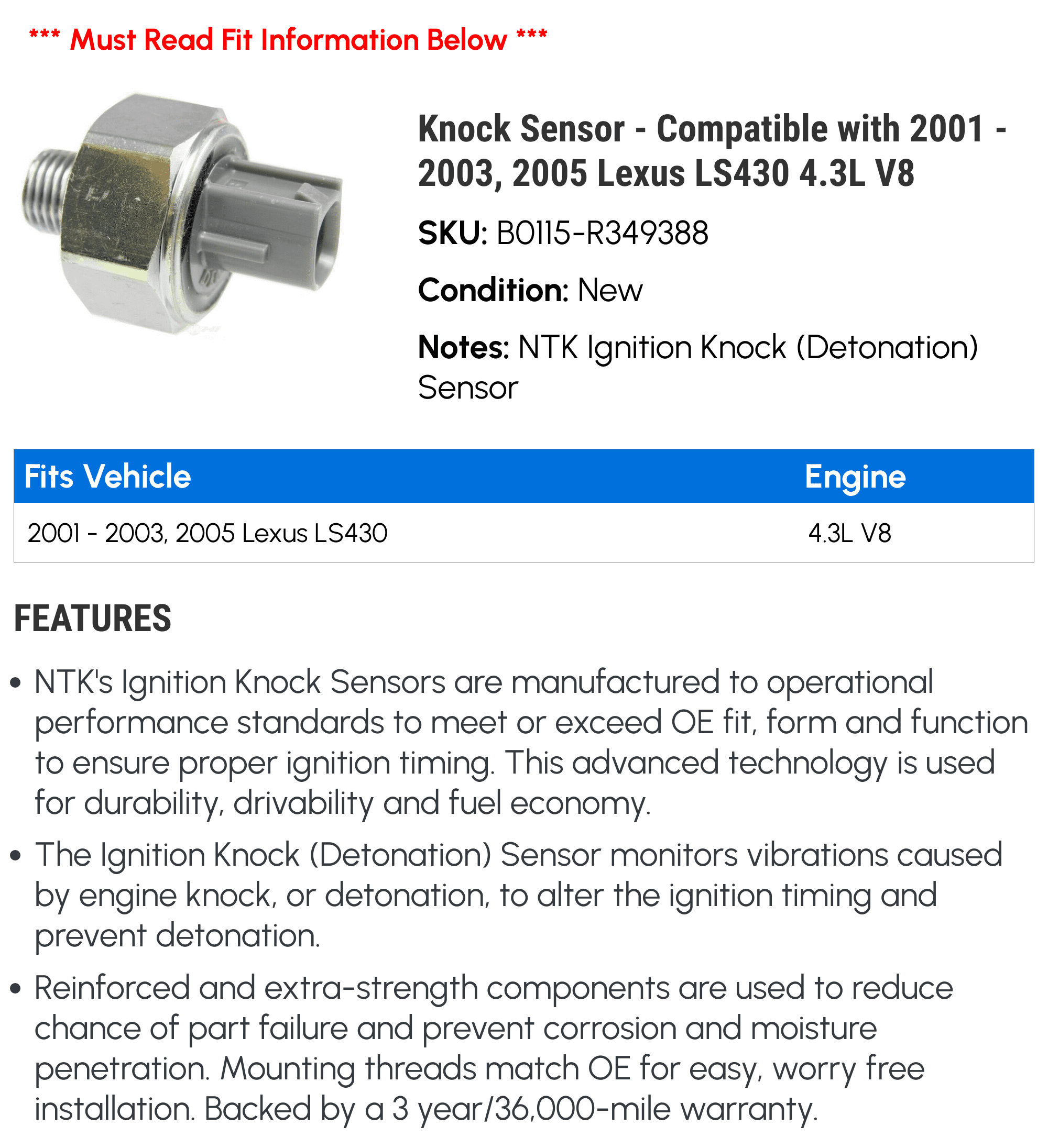 Knock Sensor - Compatible with 2001 - 2003, 2005 LS430 4.3L V8 2002