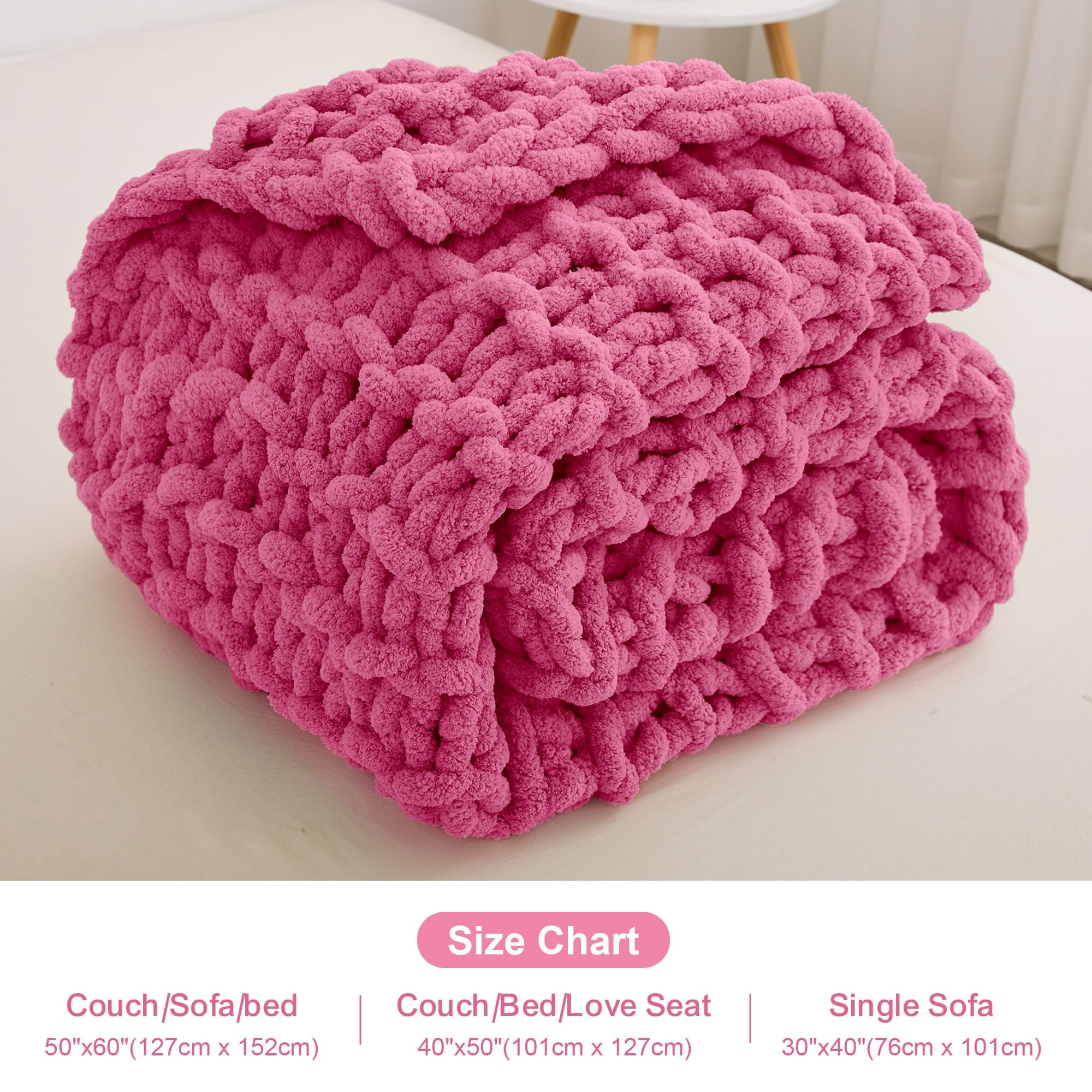 Viviland Chunky Knit Chenille Throw Blanket 40"x50" Rose Soft Washable 100% Handmade for Couch Bed Sofa Room Decor