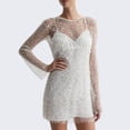 thumbnail image 4 of Women Elegant Long Sleeve Round Neck Sheer Sequin Mini Dress Solid Color Sleeveless Slip Dress 2 Piece Outfit, 4 of 5