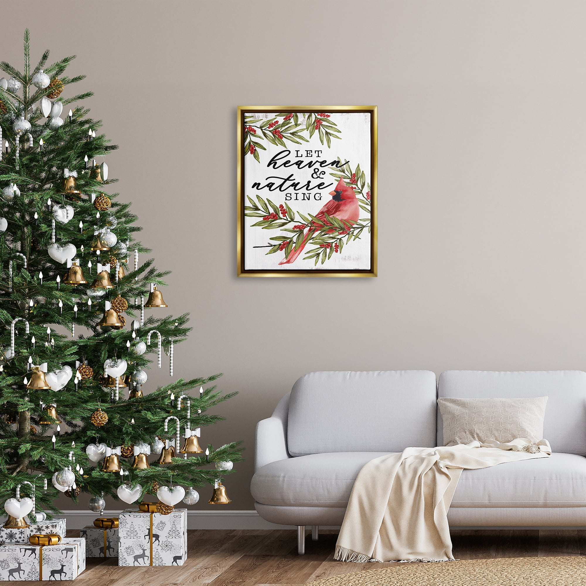 Stupell Industries Festive Phrase Cardinal Holiday Painting Gold Floater Framed Art Print Wall Art, 25 x 31