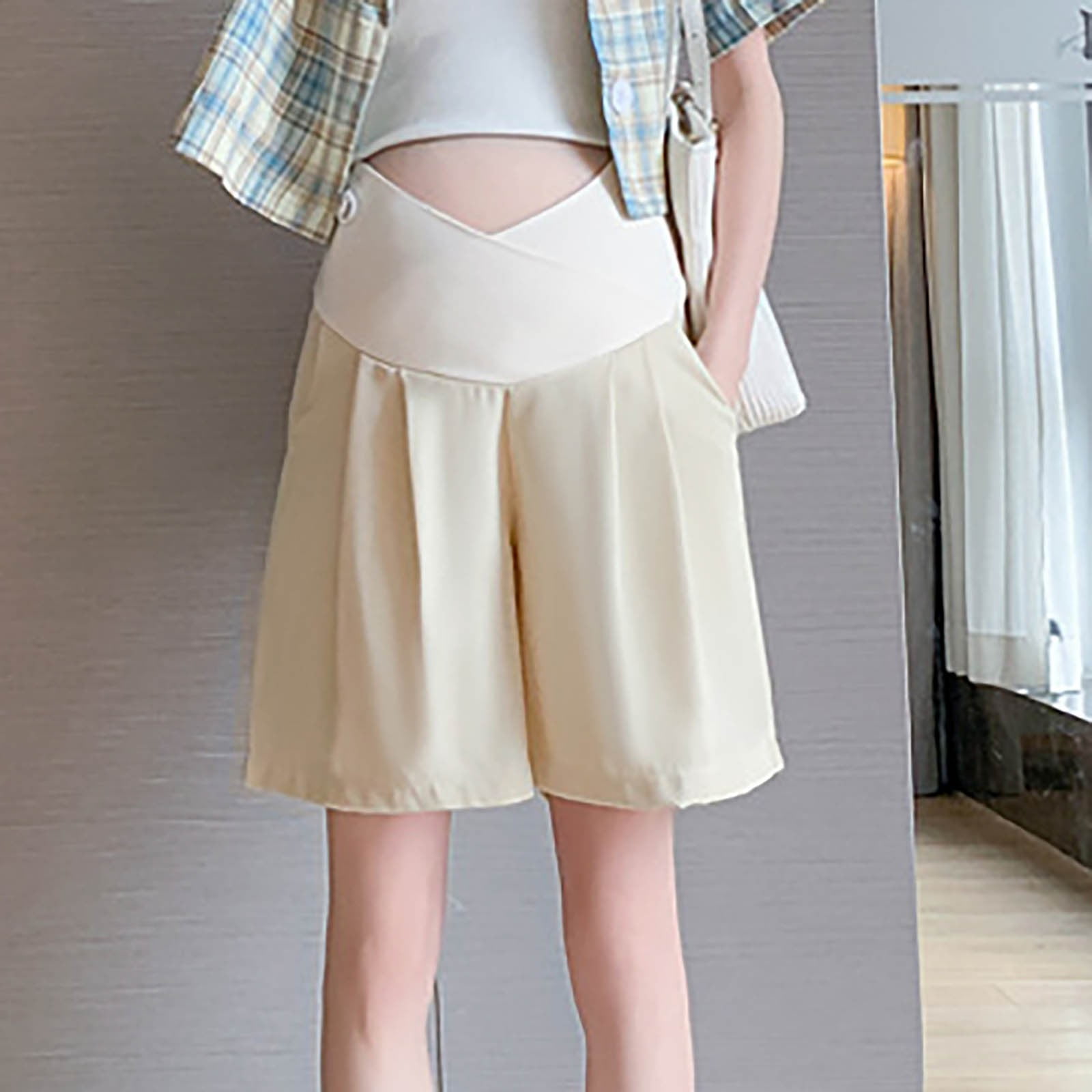 qelini Maternity Shorts for Women High Waisted Leggings with Pockets Solid Color Shorts with Adjustable Elastic Waist