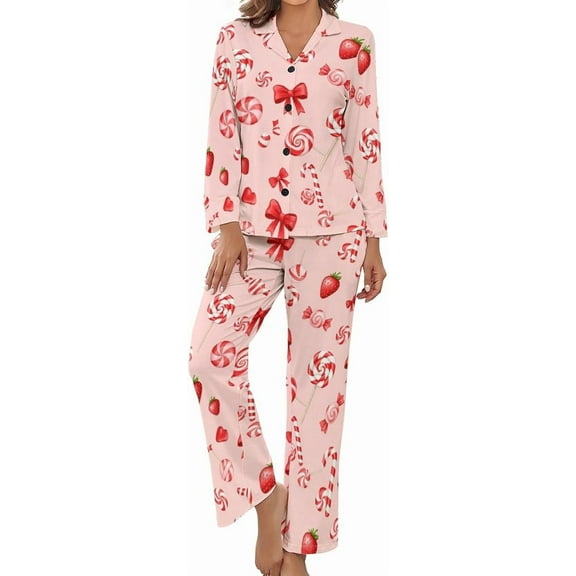 Top-kevin Women Long Sleeve Pajama Set Comfy Pjs Sets Candy Canes Lollipops 2 Piece Lounge Set