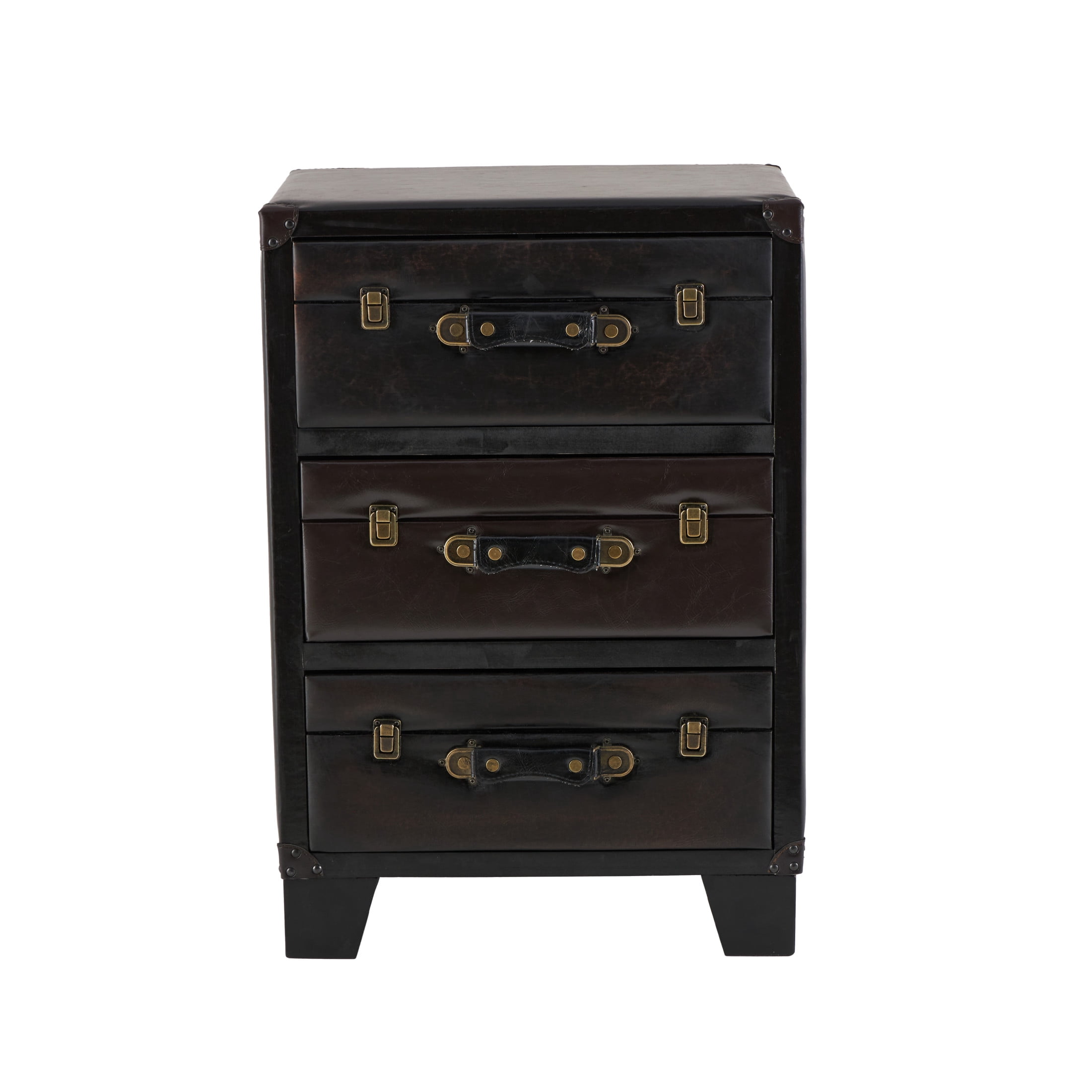 DecMode 19" x 28" Dark Brown Faux Leather Vintage Faux Leather 3 Drawer Chest with Gold Buckle and Strap Accents, 1-Piece